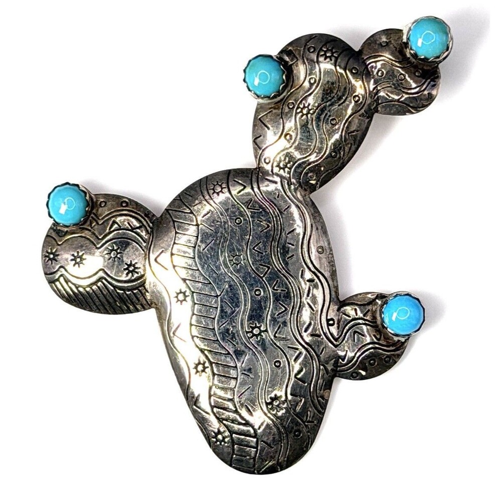 Southwestern Carolyn Pollack Sterling Silver 925 Turquoise Cactus brooch Pin
